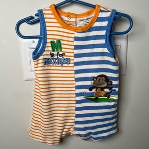 Buster Brown Orange and Blue Striped Romper Monkey Theme 6-9 Months